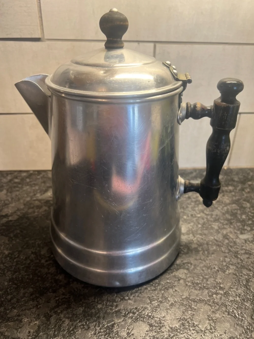 Vintage Wear Ever Aluminum Coffee Pot with Black Wooden Handle - Silver Finish.